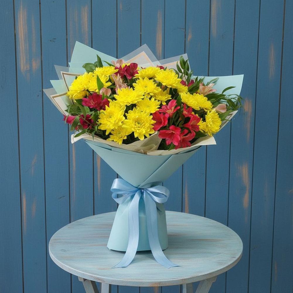 Букет сочные брызги в Лесной Пушкинский район Букет цветов из: Альстромерии и Хризантемы в Лесной Пушкинский район
