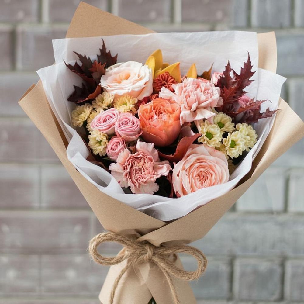 Букет цветов из: Гвоздики, Хризантемы и Розы в Лесной Пушкинский район