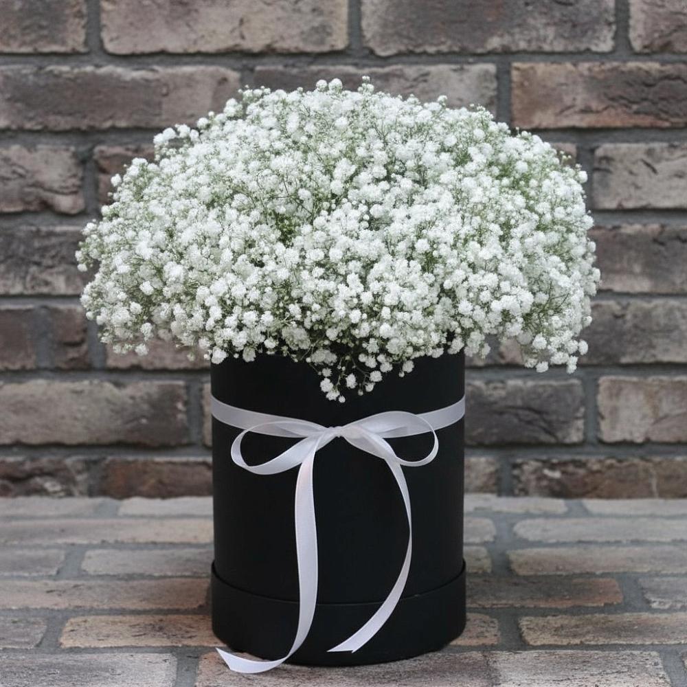 Композиция коробка гипсофил в Лесной Пушкинский район Цветочная композиция из Гипсофила в шляпной коробке в Лесной Пушкинский район