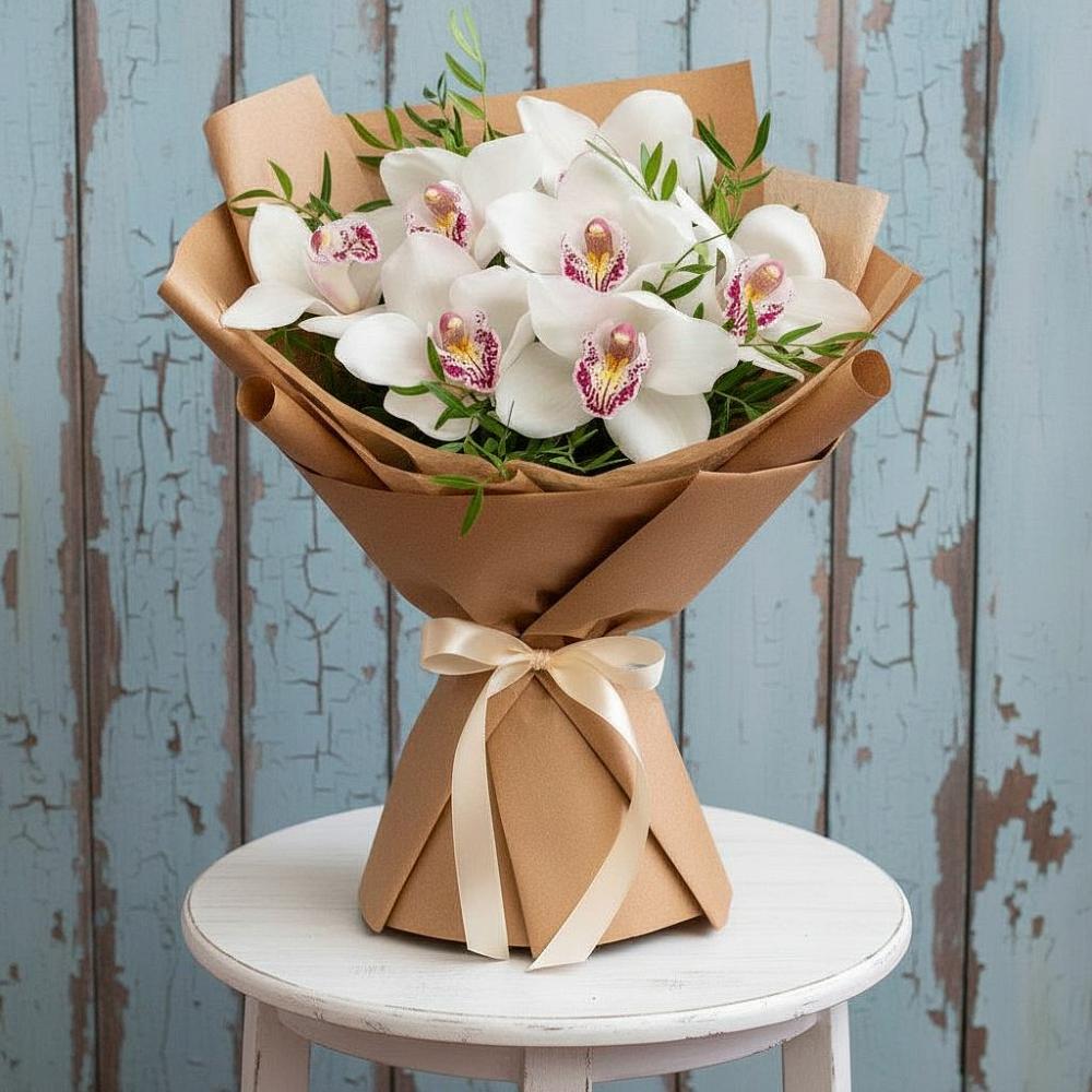 Букет Белые орхидеи в Лесной Пушкинский район Букет цветов из: Орхидеи и Розы в Лесной Пушкинский район