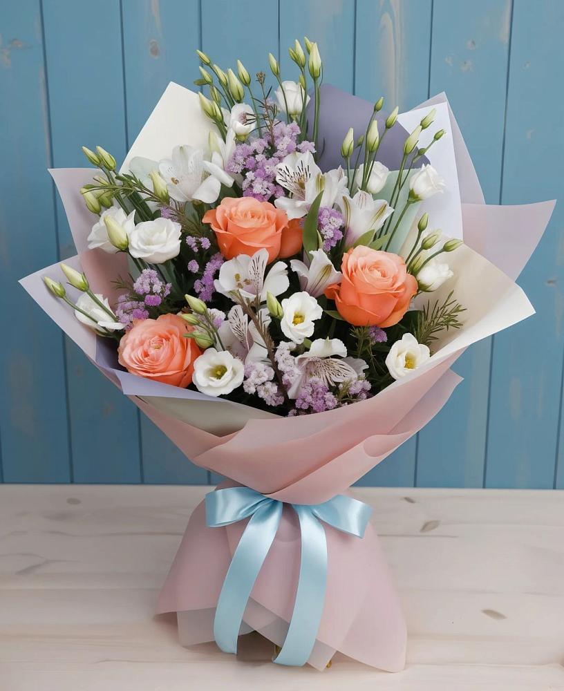 Букет цветов из: Лизиантусы, Розы, Альстромерии и Гипсофила в Лесной Пушкинский район