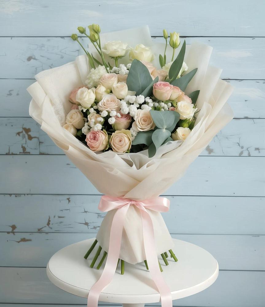 Букет Сказочное воображение в Лесной Пушкинский район Букет цветов из: Розы и Лизиантусы в Лесной Пушкинский район