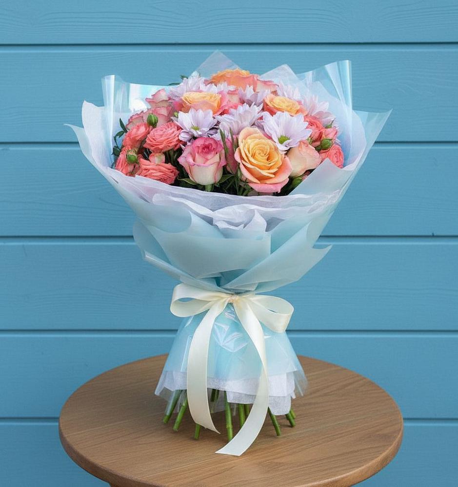 Букет цветов из: Хризантемы и Розы в Лесной Пушкинский район