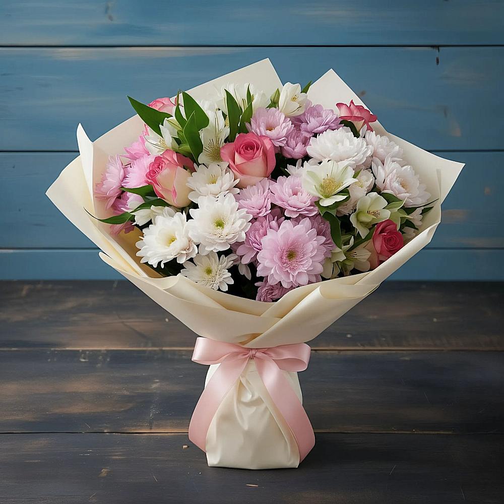 Букет Розовое очарование в Лесной Пушкинский район Букет цветов из: Хризантемы, Альстромерии и Розы в Лесной Пушкинский район
